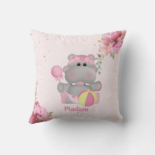 Speciaal gepersonaliseerde Cute Hippo roze en Gold Kussen (Achterkant)