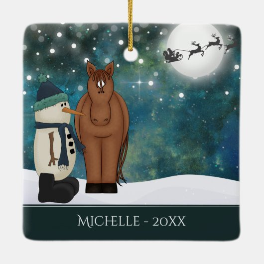 Speciaal gepersonaliseerde Cute Horse en Snowman K Keramisch Ornament (Achterkant)
