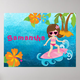 Speciaal gepersonaliseerde Cute Surfer Girl Hibisc Poster