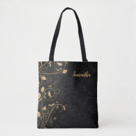 Speciaal gepersonaliseerde Elegant Gold Black Flor Tote Bag