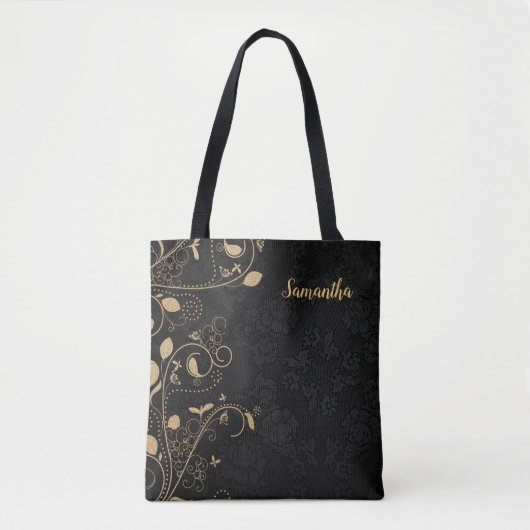 Speciaal gepersonaliseerde Elegant Gold Black Flor Tote Bag (Voorkant)