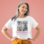 Speciaal gepersonaliseerde Grandma 4 Foto T-shirt<br><div class="desc">Op zoek naar een uniek cadeau voor een speciale oma dan is dit gepersonaliseerde nana t-shirt perfect! Met het woord "oma" in een stijlvol roze scriptlettertype, een grappig citaat van oma, een schattig liefdeshart, 4 foto's van de kleinkinderen en hun namen. Het uiteinde van de foto: Bewas uw foto's in...</div>