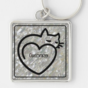 Speciaal gepersonaliseerde zwarte kat-liefdesLogo Sleutelhanger