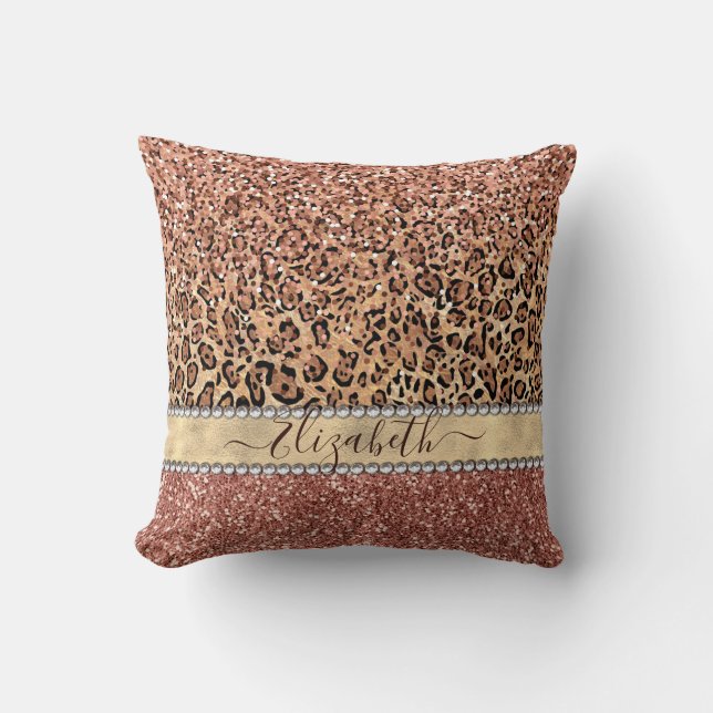 Speciaal Girly Roos Gold Glitter Leopard Name Kussen (Voorkant)