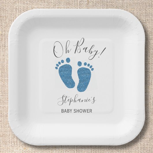 Speciaal Glitter Feet Blue Baby shower Square Papieren Bordje