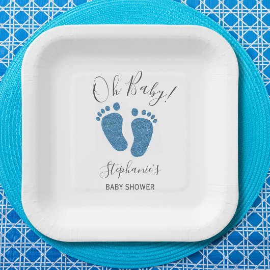 Speciaal Glitter Feet Blue Baby shower Square Papieren Bordje