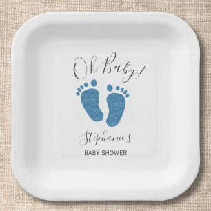 Speciaal Glitter Feet Blue Baby shower Square Papieren Bordje
