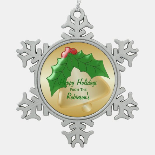 Speciaal Gold Bell Holly-ontwerp Tin Sneeuwvlok Ornament (Voorkant)