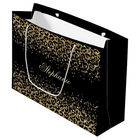 Speciaal Gold Black leopard Print Glitter Groot Cadeauzakje (Voorkant Gekanteld)