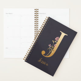 Speciaal Gold Blue Elegant Floral Monogram J Planner