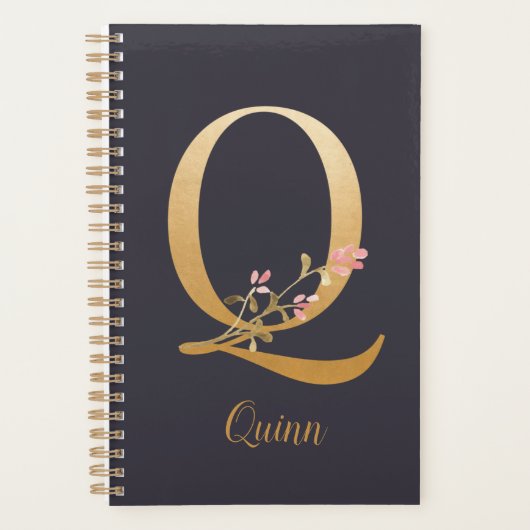 Speciaal Gold Blue Elegant Floral Monogram Q Planner (Voorkant)