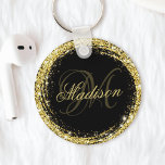 Speciaal Gold Glitter Black Glam Sleutelhanger<br><div class="desc">Pas deze luxe glazen goudglitter sleutelhanger eenvoudig aan met uw eigen naam en monogram.</div>