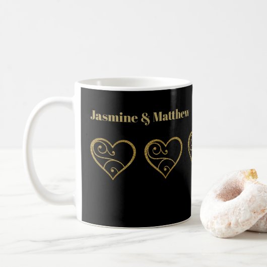 Speciaal Gold Glitter Hearts op zwart Koffiemok (Met donut)