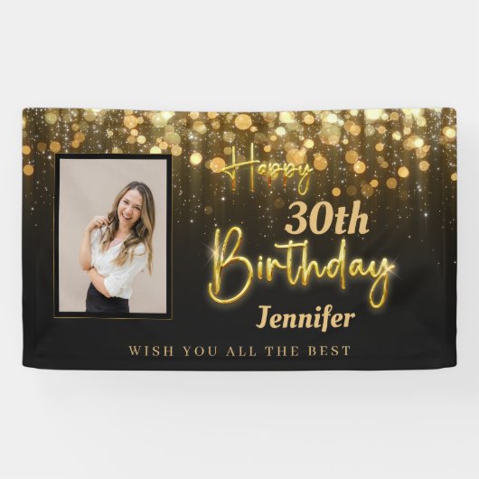 Speciaal Gold Glossy Happy Birthday Black Spandoek (Horizontaal)
