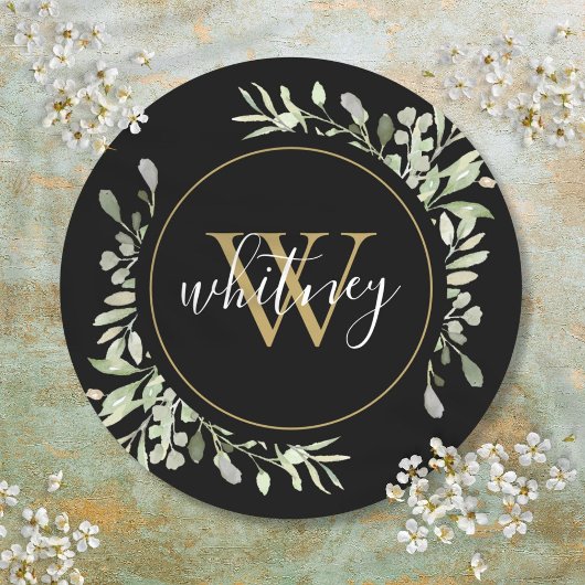 Speciaal Gold Monogram Elegant Greenery Black Ronde Sticker