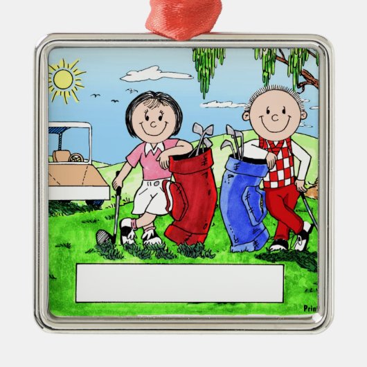 Speciaal Golf Couple Cartoon Caricature Metalen Ornament (Voorkant)