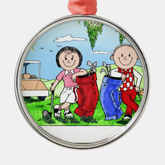 Speciaal Golf Couple Cartoon Caricature Metalen Ornament (Voorkant)