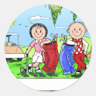Speciaal Golf Couple Cartoon Caricature Ronde Sticker