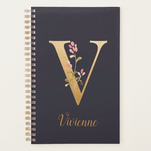 Speciaal goudblauw elegant monogram V Planner (Voorkant)