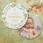 Speciaal Greenery Gold Boy Girl Baptism Foto Keramisch Ornament<br><div class="desc">Met een decoratieve lauriertuin,  goudringen en goudkruis. Geef uw persoonlijke foto's en baptisme of het christenen op deze elegante jongen of het ornament van het meisje. Ontworpen door: Thisnotme©</div>