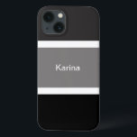 Speciaal grijs zwart en witte strepen stijlvol Case-Mate iPhone case<br><div class="desc">Je zult van deze moderne,  stijlvolle mobiele telefoonbehuizing houden met een grijs,  zwart en wit bandpatroon. Grote zwarte en grijze strepen met kleine witte strepen. Gepersonaliseerd met jouw naam die in een witte tekst wordt gedrukt.</div>