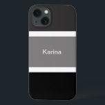 Speciaal grijs zwart en witte strepen stijlvol Case-Mate iPhone case<br><div class="desc">Je zult van deze moderne,  stijlvolle mobiele telefoonbehuizing houden met een grijs,  zwart en wit bandpatroon. Grote zwarte en grijze strepen met kleine witte strepen. Gepersonaliseerd met jouw naam die in een witte tekst wordt gedrukt.</div>
