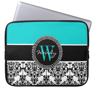Speciaal Initiaal Aqua Black Damask Laptop Sleeve