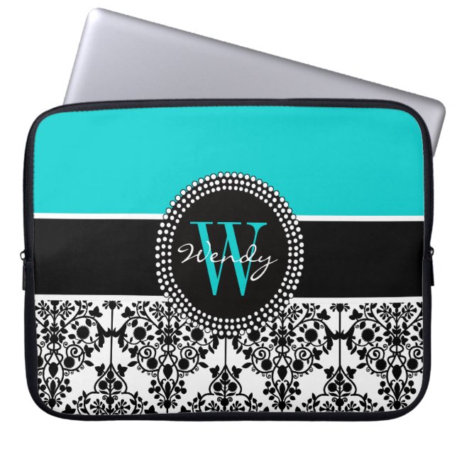 Speciaal Initiaal Aqua Black Damask Laptop Sleeve (Voorkant)