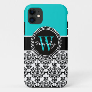 Speciaal Initiaal Aqua Blauwgroen Black Damask Case-Mate iPhone Case