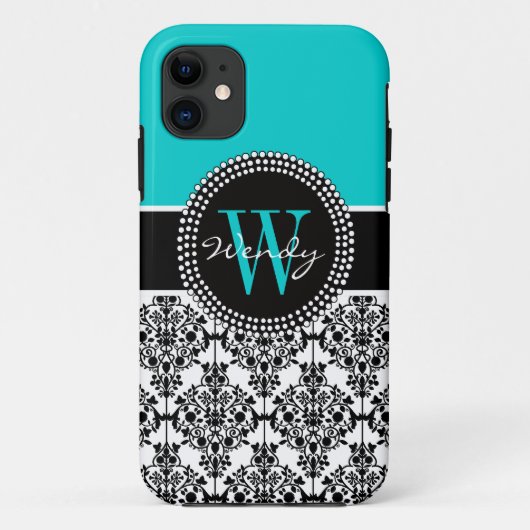 Speciaal Initiaal Aqua Blauwgroen Black Damask Case-Mate iPhone Case (Achterkant)