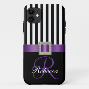 Speciaal Initiaal Paars Black Stripes Patroon iPhone 11 Hoesje