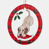 Speciaal kerstgeel labuppy keramisch ornament (Links)