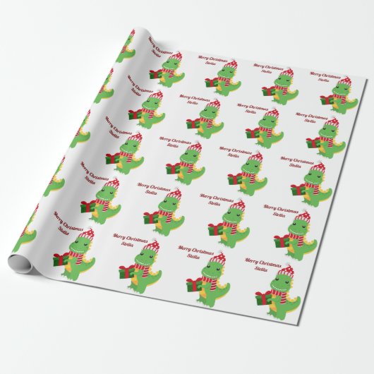 Speciaal kerstnaam Merry Dinosaur Cadeaupapier (Uitgerold)