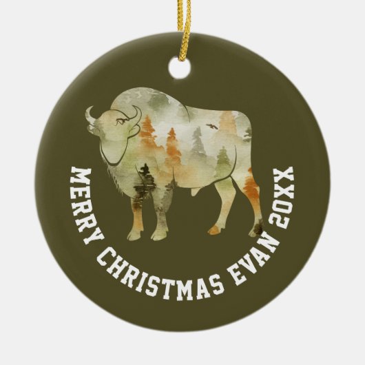 Speciaal kerstwinterscène met buffel keramisch ornament (Voorkant)