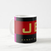 Speciaal modern zwart grijs rood strepe monogram koffiemok (Voorkant links)