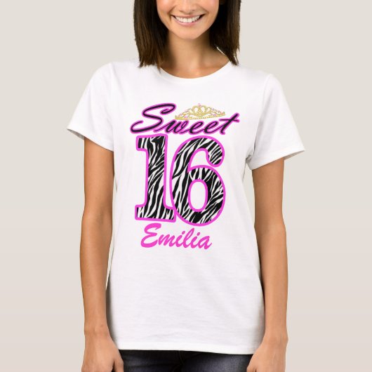 Speciaal ontworpen Sweet 16 Tiara- en zebraafdrukk T-shirt (Voorkant)