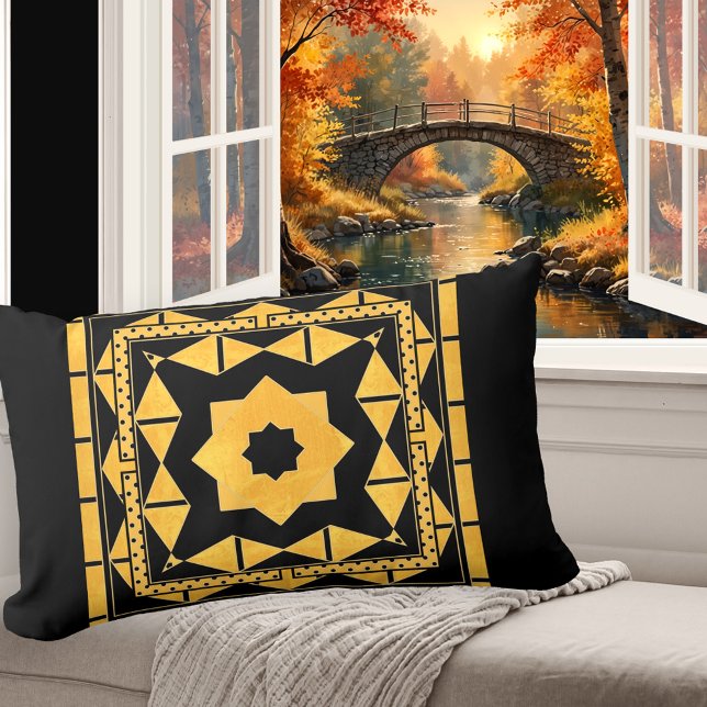 Speciaal ontworpen zwarte tonercartridge voor Oche Kussen (Elegant pillow featuring an art deco inspired abstract design in black and ocher)