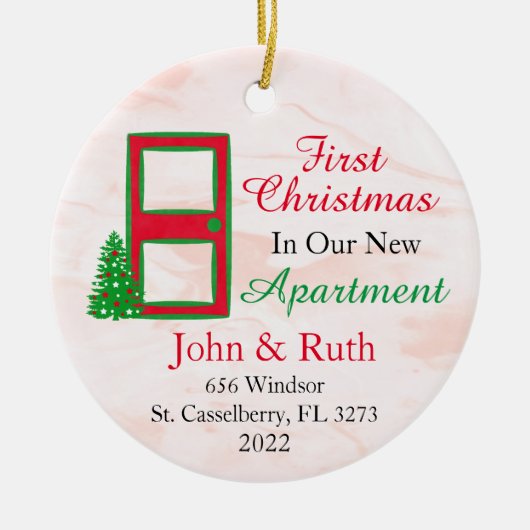 Speciaal onze eerste kerst in het appartement keramisch ornament (Voorkant)