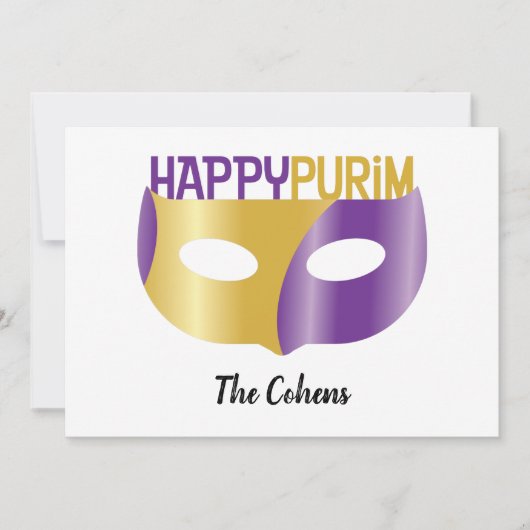 Speciaal Paars Gold Happy Purim en masker Feestdagenkaart (Voorkant)