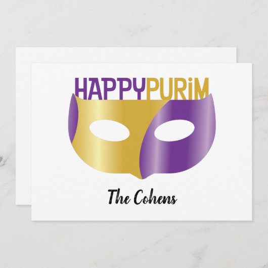 Speciaal Paars Gold Happy Purim en masker Feestdagenkaart (Voorkant / Achterkant)