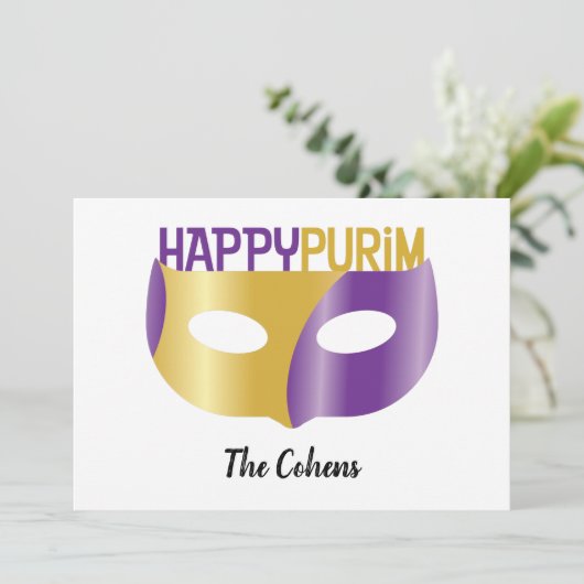 Speciaal Paars Gold Happy Purim en masker Feestdagenkaart (Staand voorkant)