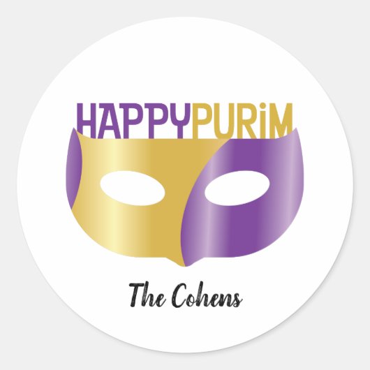 Speciaal Paars Gold Happy Purim en masker Ronde Sticker (Voorkant)