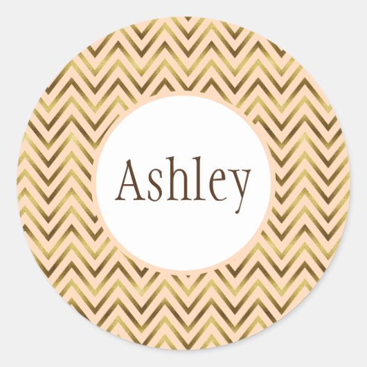 Speciaal peach en Gold Chevron Stripe Ronde Sticker (Voorkant)