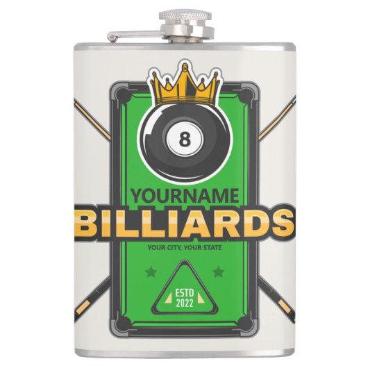 Speciaal Pool Hall NAME 8 Ball Crown Billiards Heupfles (Voorkant)