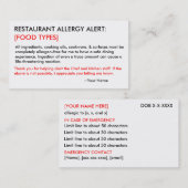 Speciaal restaurant voor allergie en ICE-kaart Visitekaartje (Voorkant / Achterkant)