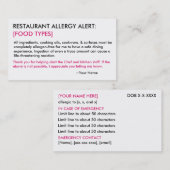 Speciaal restaurant voor allergie en ICE-kaart Visitekaartje (Voorkant / Achterkant)