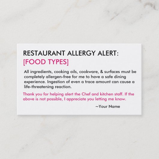 Speciaal restaurant voor allergie en ICE-kaart Visitekaartje (Voorkant)