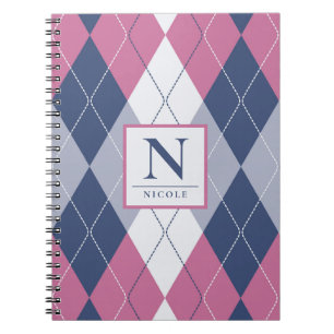 Speciaal robuust roze en marineblauw preppy argyle notitieboek