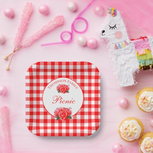 Speciaal Rode Gingham Buffalo Picnic Square Papieren Bordje (Feest)