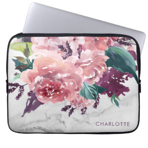 Speciaal Romantisch  Roze Floral Marble Laptop Sleeve